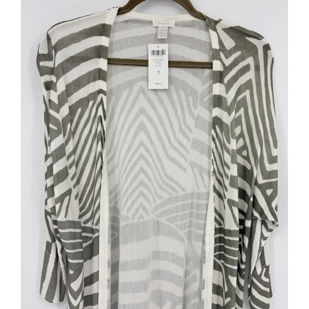 New Chico's Daniella Cardigan Graphic Waves Size 1 Long Line Open Rayon